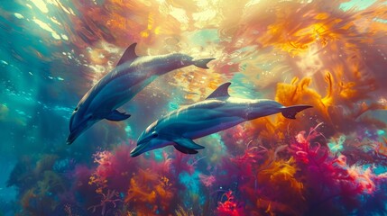 A surreal underwater scene with dolphins swimming through a kaleidoscopic ocean, vibrant colors blending like a daydream