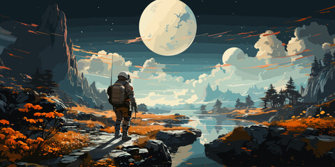 a spaceman standing on a hill surrounded by floating rocks, digital art style, illustration painting - obrazy, fototapety, plakaty