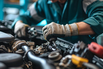 Skilled Mechanic at Work in an Automotive Garage Workshop