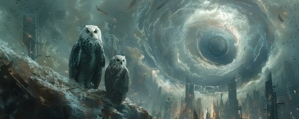 Abstract steampunk art depicting owls and shamans amidst a swirling vortex in a futuristic metropolis - obrazy, fototapety, plakaty