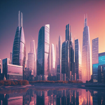 a futuristic cityscape with towering skyscrapers abstract shape, 3d render style, isolated on a transparent background.