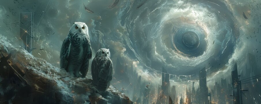 Abstract steampunk art depicting owls and shamans amidst a swirling vortex in a futuristic metropolis