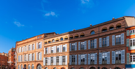 Typical facades of Saint Etienne square in Toulouse, Haute Garonne, Occitanie, France - 745809057