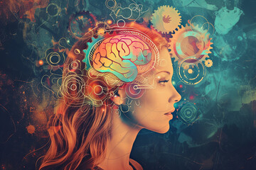 Unlocking the Mind's Potential: A Woman's Head with a Vibrant Brain Sketch Surrounded by Gears - obrazy, fototapety, plakaty