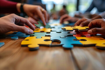 Teamwork and Unity: A Business Team Meeting with Jigsaw Puzzle Pieces Symbolizing Collaboration