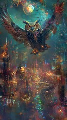 An owl in steampunk gear soaring through a surreal vortex of colors above an abstract metropolis