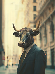 A bull in a business suit photographed in front of a financial building natural lighting