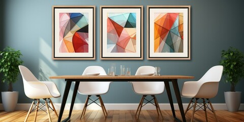A modern dining room, colorful, minimalist, wall art mock - up.