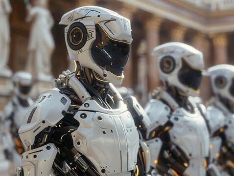 Ancient Greece reimagined with advanced technology holographic gods and cybernetic Spartans