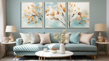 A modern living room, colorful, minimalist, wall art mock - up