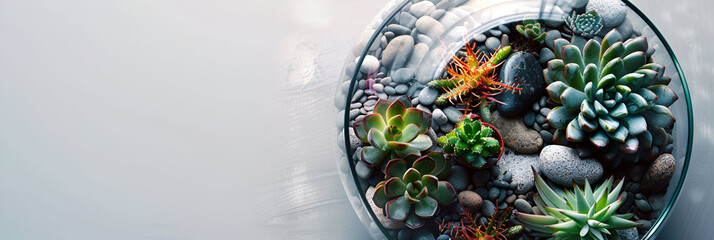 View top glass florarium terrarium with succulents, moss, cactuson a light gray background. Space for the text on the left.
