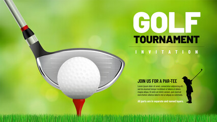 Golf tournament invitation background with golf club, ball, grass, red tee, green bokeh lights and copy space for your text
