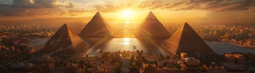 Ancient world reimagined in the future where pyramids and Roman coliseums stand beside skyscrapers - obrazy, fototapety, plakaty