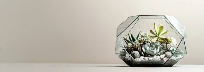 Geometric glass florarium terrarium with succulents, moss, cactuson a light gray background. Space for the text on the left. The banner is a botanical theme - obrazy, fototapety, plakaty