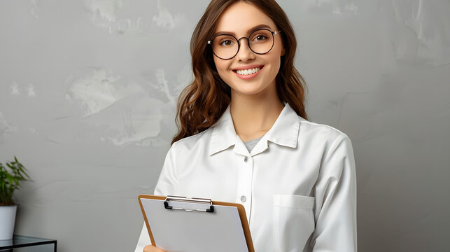 A happy and professional female psychologist is depicted holding a clipboard, looking at the camera with a smile