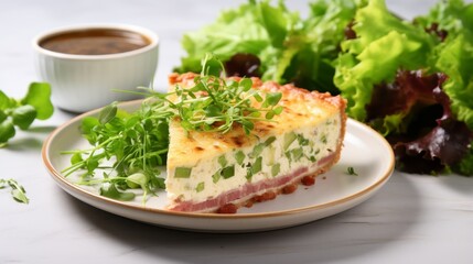 Delicious quiche lorraine with bacon and cheese on kitchen background for text copy space