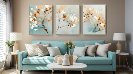 Abstract Blue Flower Canvas Painting Modern Baby Blue Wall Art Picture for Living Room.
