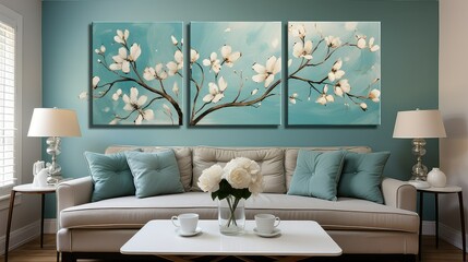 Abstract Blue Flower Canvas Painting Modern Baby Blue Wall Art Picture for Living Room.