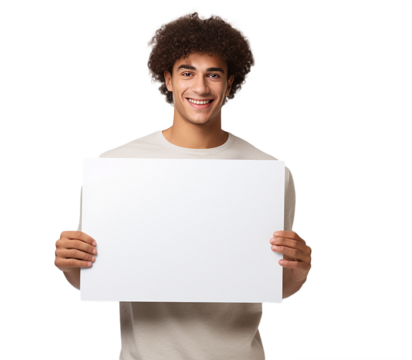 Young African American man holding an empty placard over transoparent background