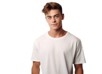 Young man in stylish white t-shirt on trasnparent background. Mockup for design