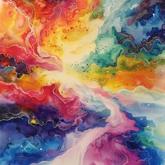 Contemporary watercolor landscape blending nebula phoenix and global nexus themes with candy like colors