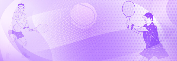 Tennis themed background in purple tones with abstract curves lines and dots, with a two male tennis players in action, each holding a racket to hit the ball away