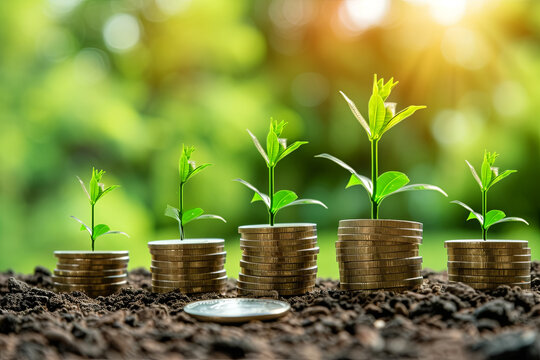 Planting the Seeds of Prosperity: Young Plants Growing on Stacks of Coins
