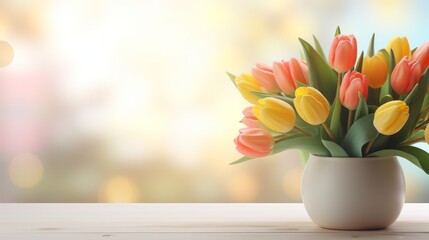 Beautiful tulips on blurred defocused background with space for text, spring flowers concept