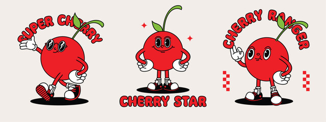 Cherry retro mascot with hand and foot. Fruit Retro cartoon stickers with funny comic characters and gloved hands.