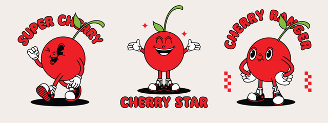 Cherry retro mascot with hand and foot. Fruit Retro cartoon stickers with funny comic characters and gloved hands.