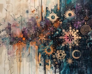Dreamy watercolor portrayal of a nano tech world blending chocolate cyber elements and ethereal snowflakes