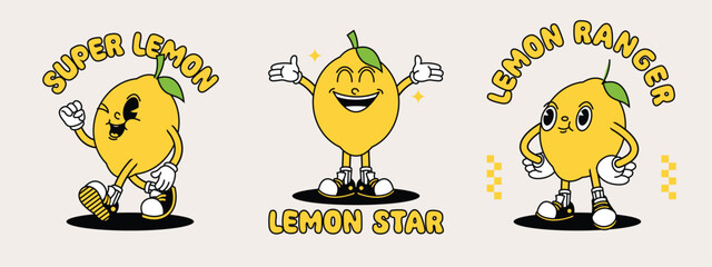 Lemon retro mascot with hand and foot. Fruit Retro cartoon stickers with funny comic characters and gloved hands.