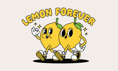 Lemon retro mascot with hand and foot. Fruit Retro cartoon stickers with funny comic characters and gloved hands.