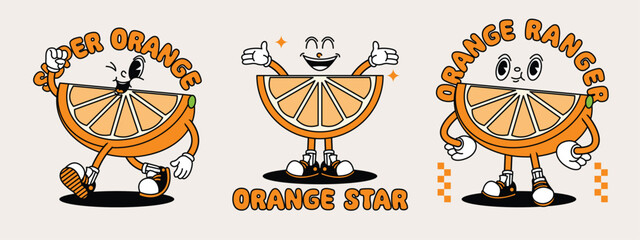 Orange retro mascot with hand and foot. Fruit Retro cartoon stickers with funny comic characters and gloved hands.