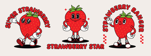 Strawberry retro mascot with hand and foot. Fruit Retro cartoon stickers with funny comic characters and gloved hands.