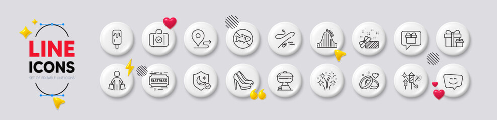 Carry-on baggage, Fireworks and Guard line icons. For web app, printing. White buttons 3d icons. Vector