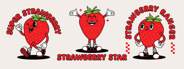 Strawberry retro mascot with hand and foot. Fruit Retro cartoon stickers with funny comic characters and gloved hands.