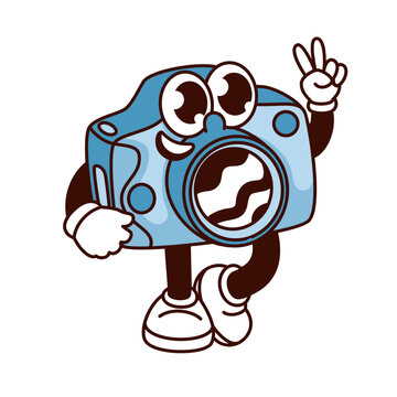 Naklejki Groovy camera cartoon character with peace sign. Funny retro camera with psychedelic wavy reflection in lens and hippie gesture, photography mascot, cartoon sticker of 70s 80s vector illustration
