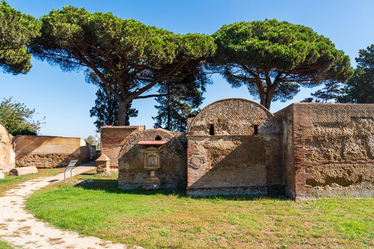 View of ruins of ancient roman necropolis at Fiumicino´s archeological site in Italy