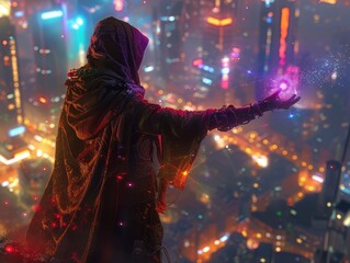 Magic in a futuristic city where sorcerers wield digital spells and neon runes blending old and new - obrazy, fototapety, plakaty