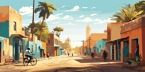 African city street vector wide illustration - obrazy, fototapety, plakaty