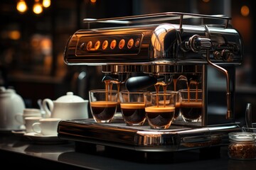 Fototapeta na wymiar The new shiny coffee machine is ready to start making coffee., generative IA