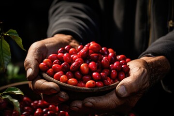 Arabica coffee berries with hands as a robust and arabica coffee berries, generative IA - obrazy, fototapety, plakaty