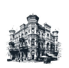 The old building in Budapest, Hungary. Black White vector Illustration.	