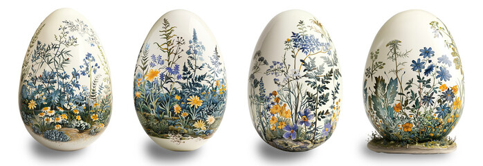 Ceramic Easter eggs, spring botanical flowers pattern Easter eggs, white or transparent background