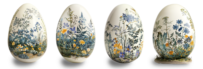Ceramic Easter eggs, spring botanical flowers pattern Easter eggs, white or transparent background