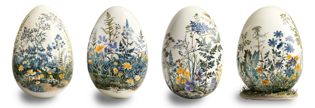 Ceramic Easter eggs, spring botanical flowers pattern Easter eggs, white or transparent background