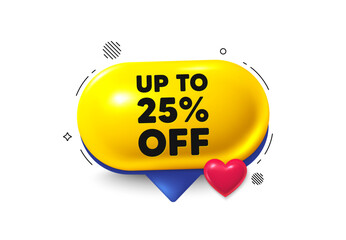 Up to 25 percent off sale. Discount offer price sign. Offer speech bubble 3d icon. Vector