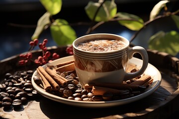 Double express coffee mug with cinnamon sticks and coffee beans in a wooden plate, generative IA - obrazy, fototapety, plakaty