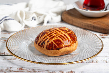 Pastry in a plate. Oven product. local name poğaça. Close up